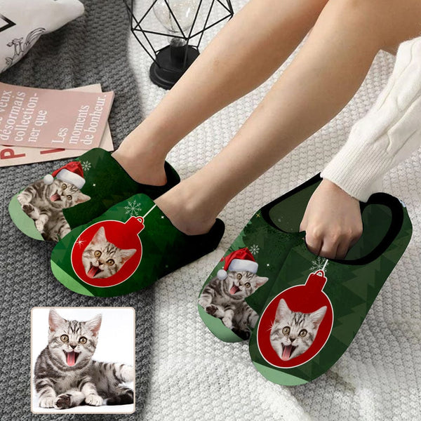 FacePajamas Slippers Couple Gift Custom Pet Cat Face Christmas Bomb All Over Print Personalized Non-Slip Cotton Slippers For Girlfriend Boyfriend