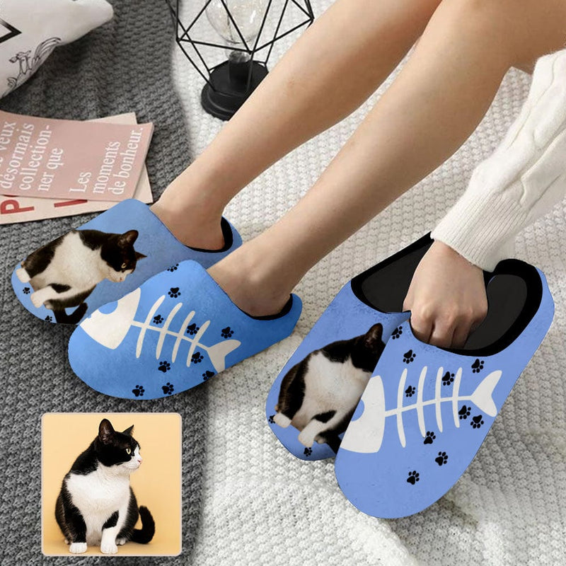 FacePajamas Slippers Couple Gift Custom Pet Face Cat Bone All Over Print Personalized Non-Slip Cotton Slippers For Girlfriend Boyfriend