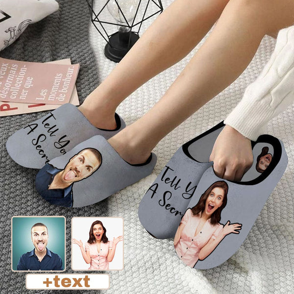 FacePajamas Slippers Couple Gift Grey Custom Photo&Text All Over Print Personalized Non-Slip Cotton Slippers For Girlfriend Boyfriend