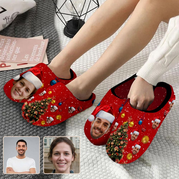 FacePajamas Slippers Couple Gift Red Custom Face Christmas Tree All Over Print Personalized Non-Slip Cotton Slippers For Girlfriend Boyfriend