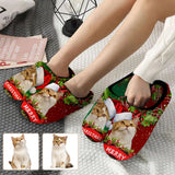 FacePajamas Slippers Couple Gift Red Green Custom Pet Cat Photo All Over Print Personalized Non-Slip Cotton Slippers For Girlfriend Boyfriend