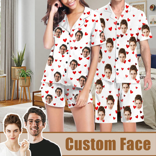 FacePajamas Pajama [Couple Pajamas] Custom Face Pajamas Red Love Summer Loungewear Personalized Couple Matching V-Neck Short Pajama Set