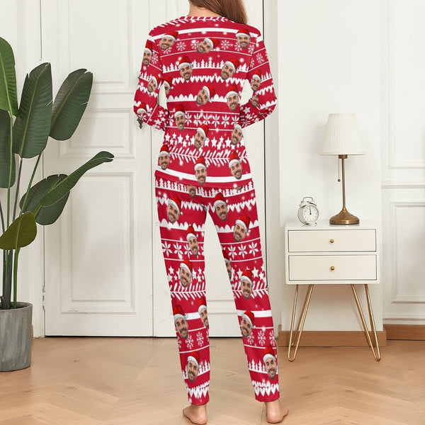 FacePajamas Pajama Custom Boyfriend Face Christmas Pattern Sleepwear Personalized Women's Slumber Party Crewneck Long Pajamas Set