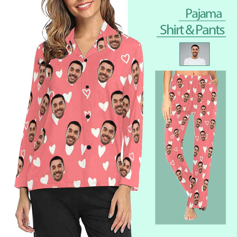 FacePajamas Pajama Custom Boyfriend Face Heart Pink Background Nightwear Personalized Women's Slumber Party Long Pajama Set Shirt&Pants