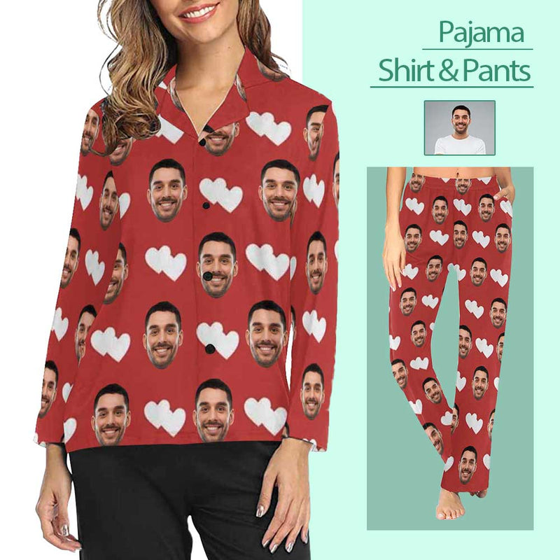 FacePajamas Pajama Custom Boyfriend Face Heart To Heart Sleepwear Personalized Women's Slumber Party Long Pajama Shirt&Pants
