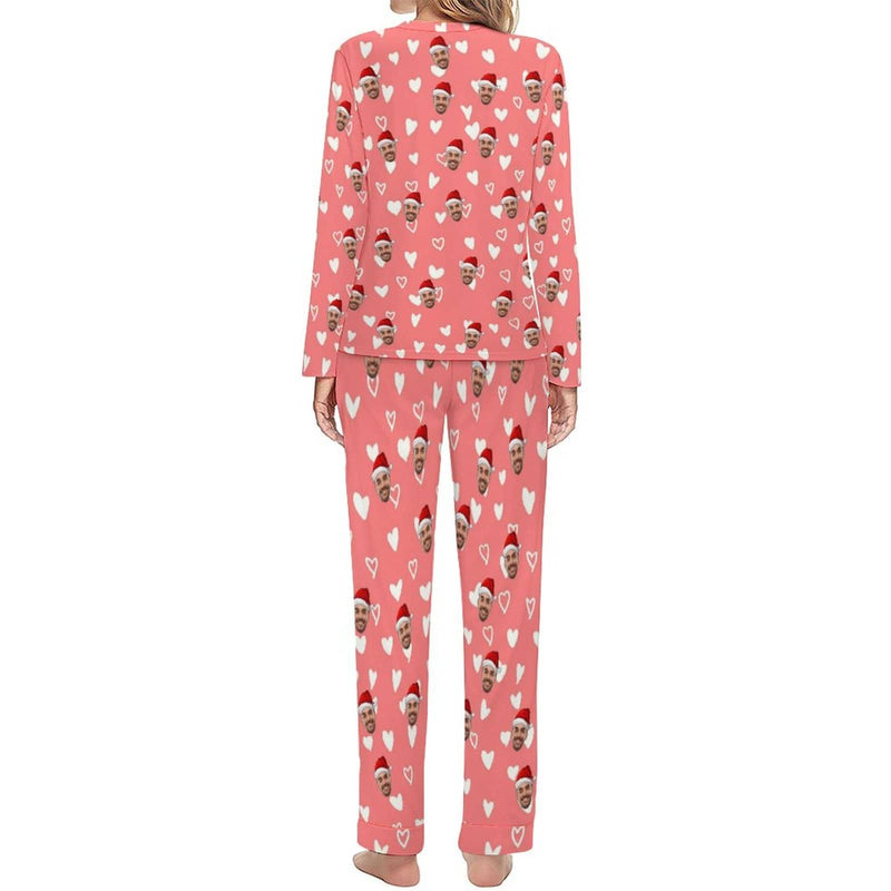 FacePajamas Pajama Custom Boyfriend Face Love Heart Christmas Hat Pink Background Sleepwear Personalized Women's Crewneck Long Pajamas Set