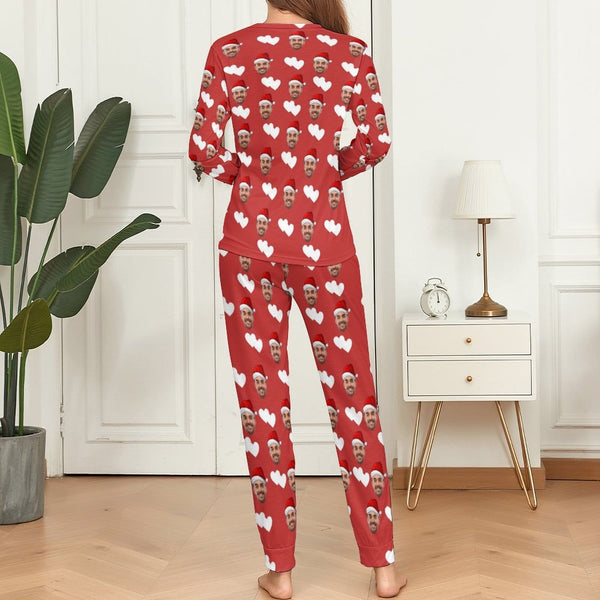 FacePajamas Pajama Custom Boyfriend Face Pajamas Love Heart Christmas Hat Sleepwear Personalized Women's Crewneck Long Pajamas Set