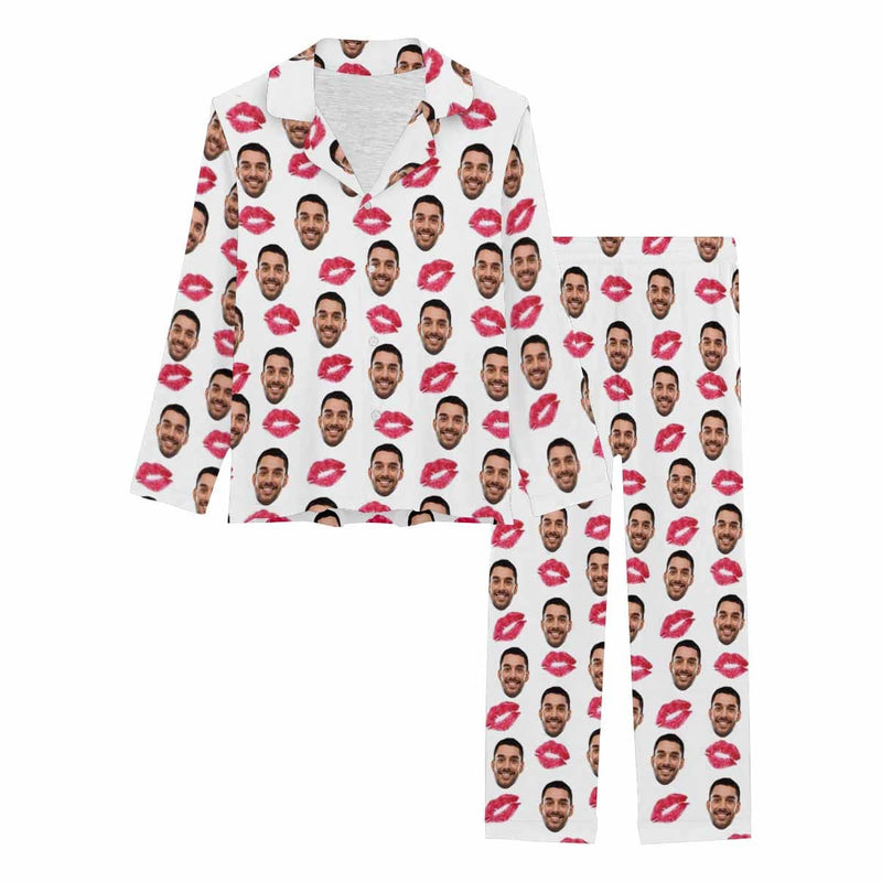 FacePajamas Pajama Custom Boyfriend Face Pajamas Red Lips Sleepwear Personalized Women's Long Pajama Set