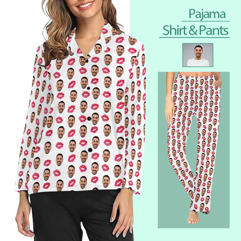 FacePajamas Pajama Custom Boyfriend Face Pajamas Red Lips Sleepwear Personalized Women's Long Pajama Shirt&Pants
