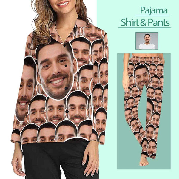 FacePajamas Pajama Custom Boyfriend Face Pajamas Seamless Face Sleepwear Personalized Women's Long Pajama Shirt&Pants