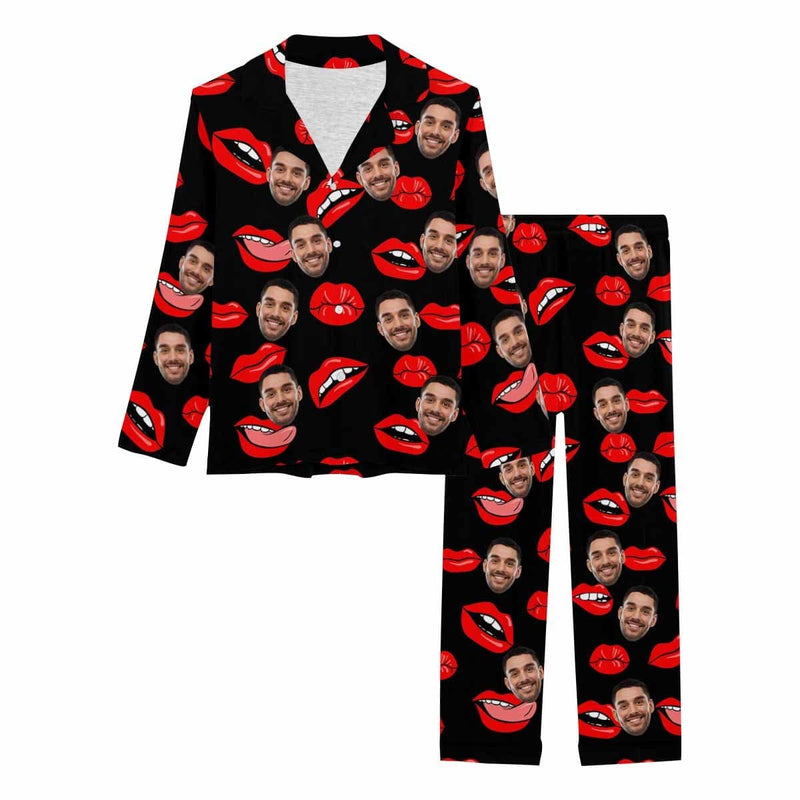 FacePajamas Pajama Custom Boyfriend Face Red Lips Sleepwear Personalized Women's Slumber Party Long Pajama Set