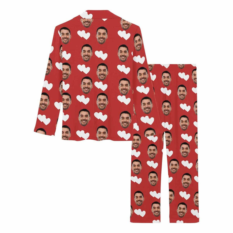 FacePajamas Pajama Custom Boyfriend Face Red Love Heart Sleepwear Personalized Women's Slumber Party Long Pajama Set