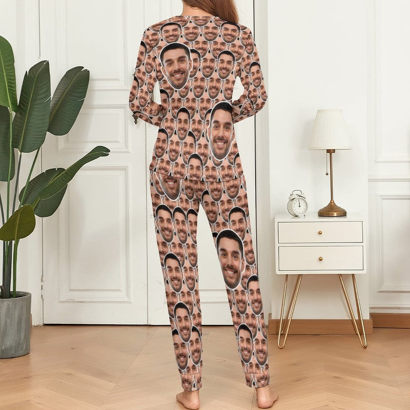 FacePajamas Pajama Custom Boyfriend Face Seamless Sleepwear Personalized Women's Slumber Party Crewneck Long Pajamas Set
