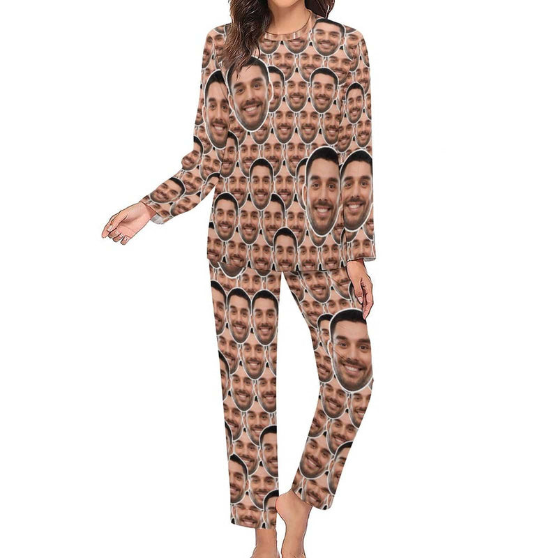 FacePajamas Pajama Custom Boyfriend Face Seamless Sleepwear Personalized Women's Slumber Party Crewneck Long Pajamas Set