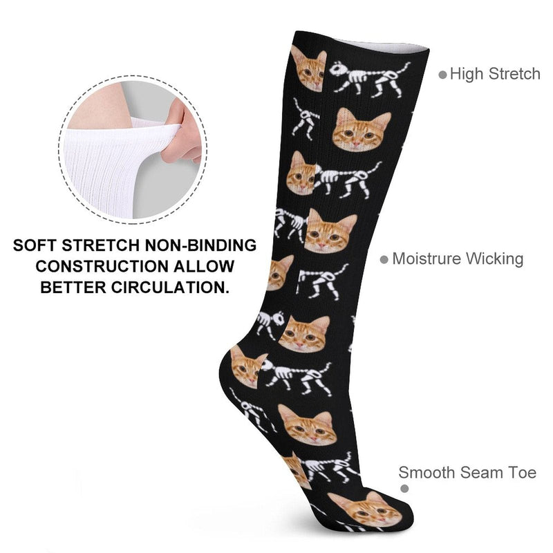 FacePajamas Sublimated Crew Socks-2WH-SDS Custom Cat Face Sublimated Crew Socks Skeleton Socks Personalized Funny Photo Socks Gift for Halloween