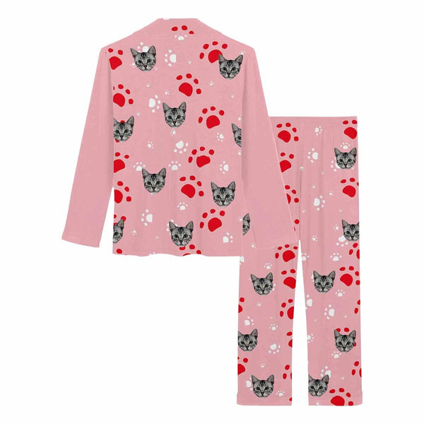 FacePajamas Pajama Custom Cat Photo & Name Pajamas Sleepwear Pink Personalized Women's Slumber Party Long Pajama Set
