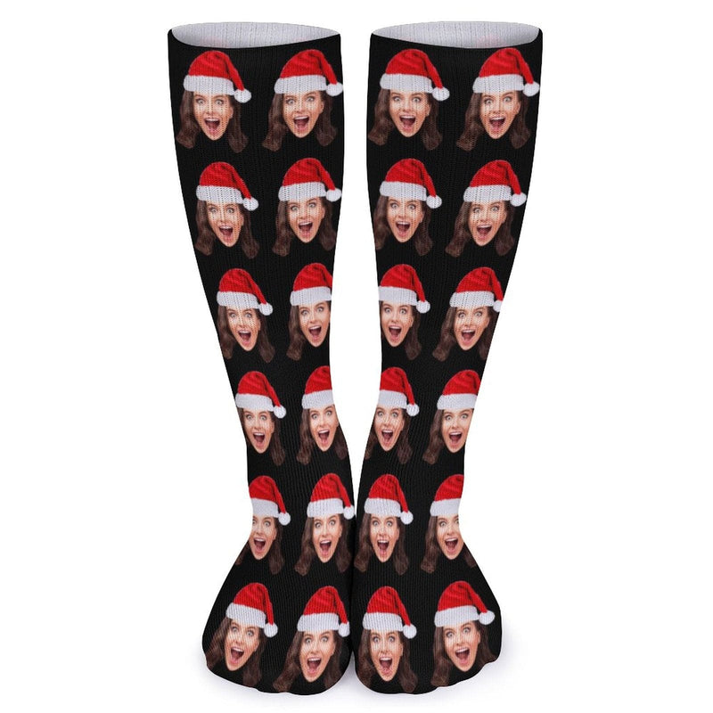 FacePajamas Sublimated Crew Socks-2WH-SDS Custom Christmas Face Socks Christmas Hat Black Personalised Face Printed on Socks Sublimated Crew Socks Christmas Gifts