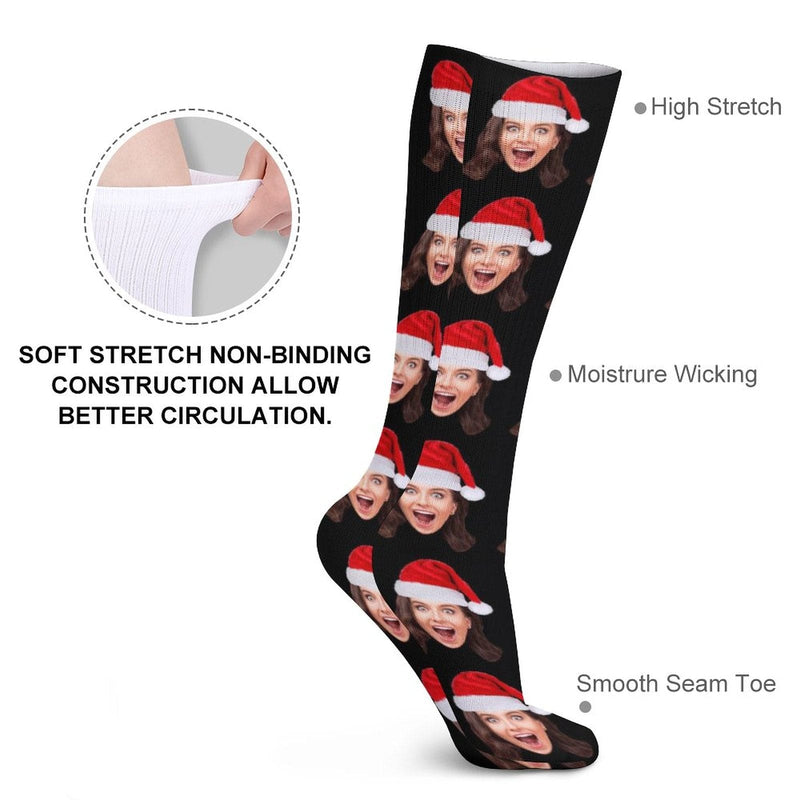 FacePajamas Sublimated Crew Socks-2WH-SDS Custom Christmas Face Socks Christmas Hat Black Personalised Face Printed on Socks Sublimated Crew Socks Christmas Gifts
