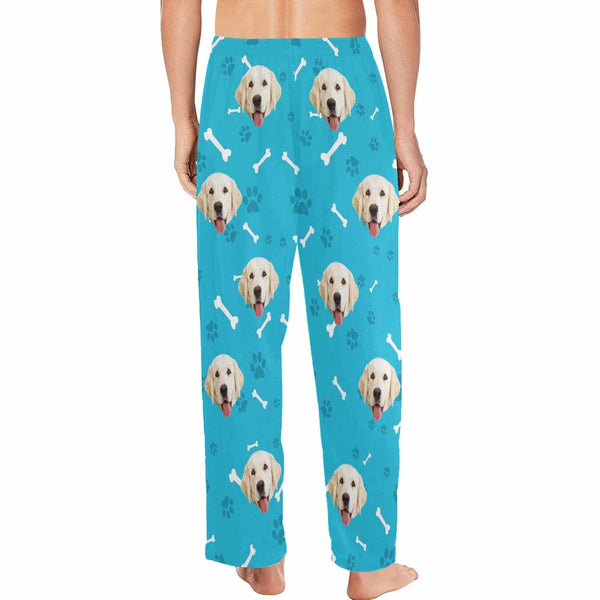 FacePajamas Pajama Shirt&Pants Custom Couple Face Dog Bone Paw Print Blue Background Sleepwear Personalized Women's&Men's Slumber Party Long Pajama Pants