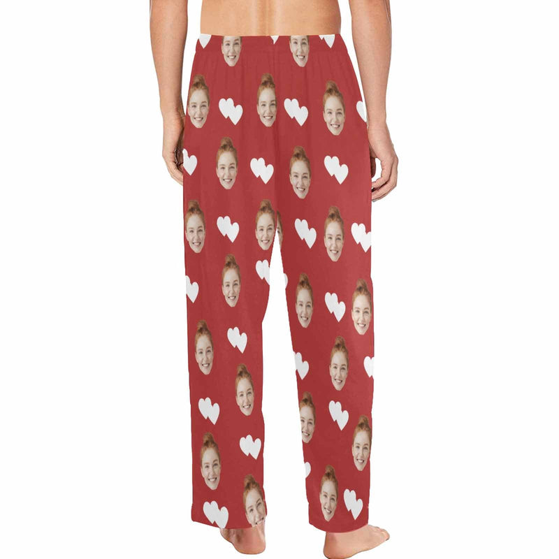 FacePajamas Pajama Shirt&Pants Custom Couple Face White Hearts Red Background Sleepwear Personalized Women's&Men's Slumber Party Long Pajama Pants