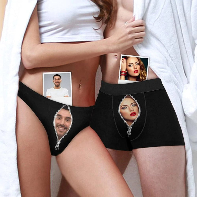 FacePajamas Mix Briefs Custom Couple Matching Lingerie Briefs with Face Black Zip Personalized Photo Underwear For Couple Gifts