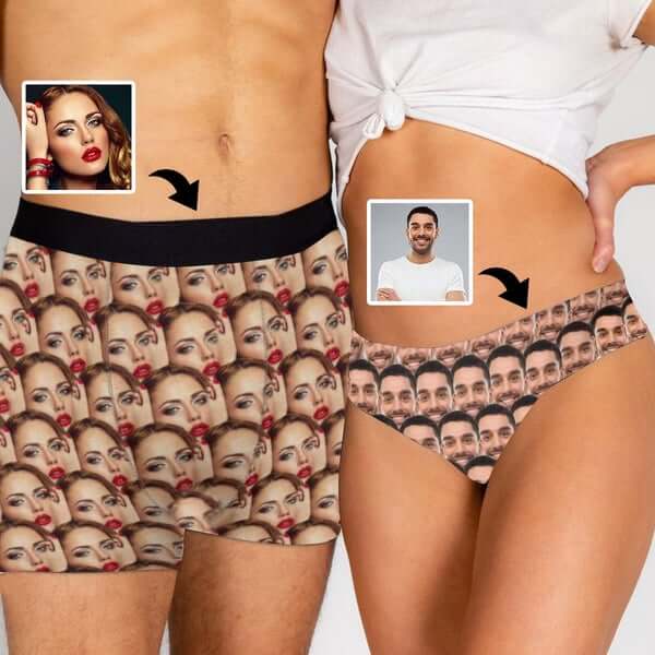 FacePajamas Mix Briefs Custom Couple Matching Lingerie Briefs with Funny Face Personalized Photo Underwear For Couple Gifts