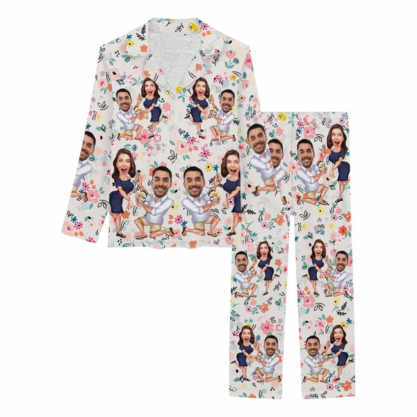 FacePajamas Pajama Custom Face Cartoon Pajamas Couples Flower Pattern Nightwear Personalized Women's Long Pajama Set