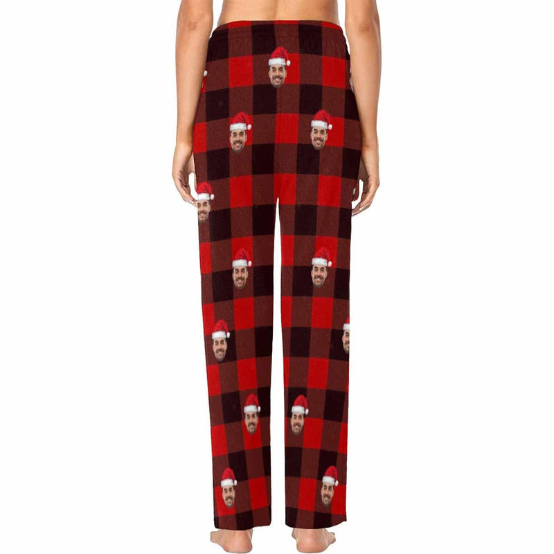 FacePajamas Pajama Custom Face Christmas Hat Red Black Stripe Women's Long Pajama Set Pajama Top&Pajama Bottom