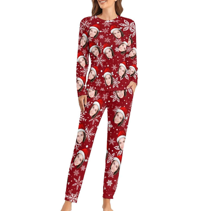 FacePajamas Pajama Custom Face Christmas Hat Snowflakes Nightwear Personalized Women's Slumber Party Crewneck Long Pajamas Set