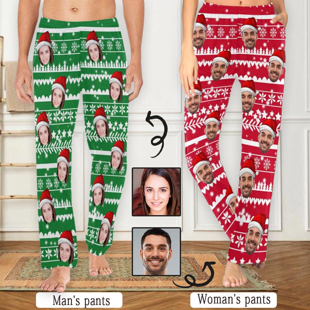 Custom Face Pajama Pants Christmas Hat Snowflake Sleepwear