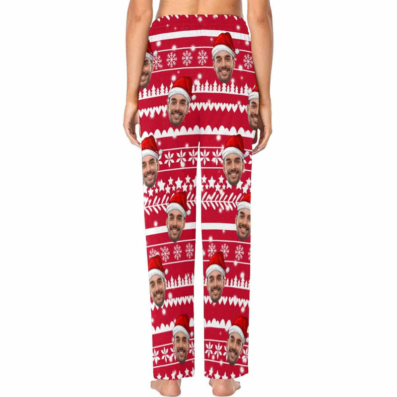 FacePajamas Pajama Shirt&Pants Custom Face Christmas Red Hat Snowflake Sleepwear Personalized Women's&Men's Slumber Party Long Pajama Pants