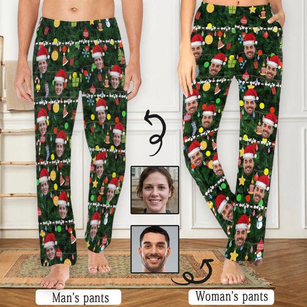 FacePajamas Pajama Shirt&Pants Custom Face Christmas Red Hat Tree Trinkets Sleepwear Personalized Women's&Men's Slumber Party Long Pajama Pants