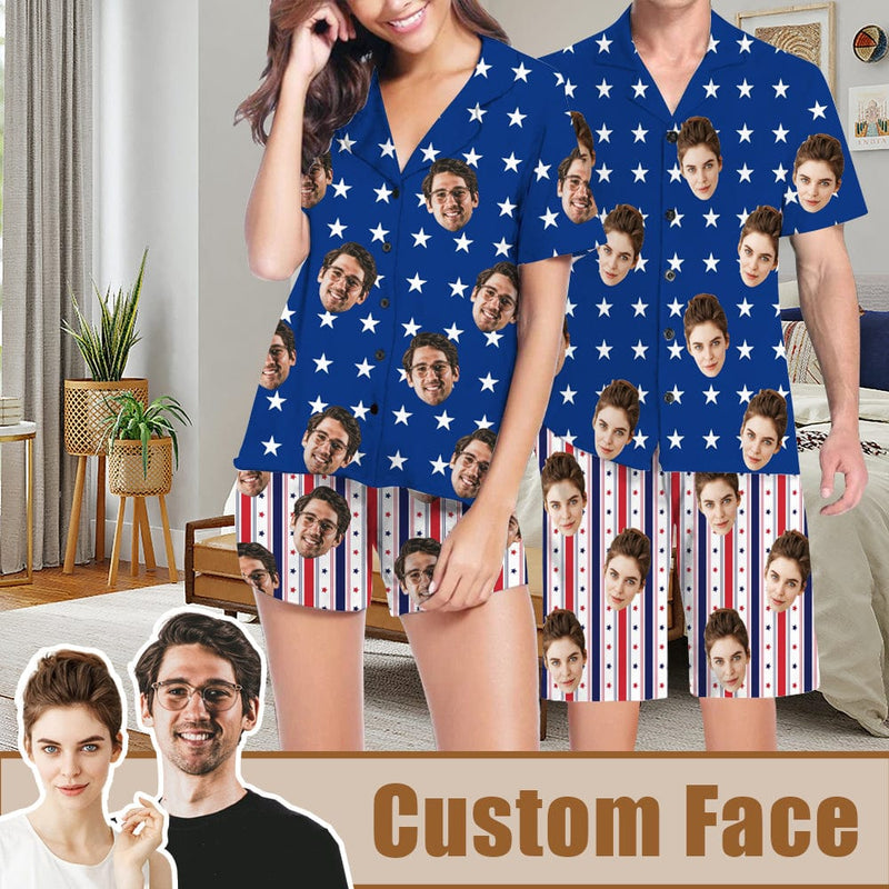 FacePajamas Pajama Custom Face Couple Matching Pajamas USA Flag Personalized Couple Matching V-Neck Short Pajama Set