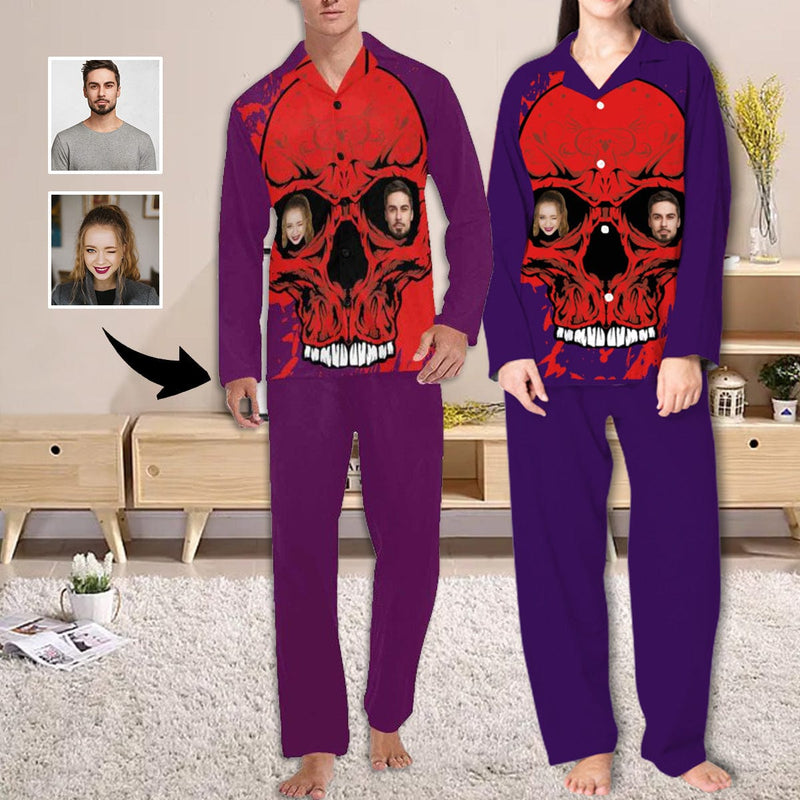 FacePajamas Custom Face Couple Pajamas Personalized Halloween Skull Custom Image Couple Matching V-Neck Long Sleeves Pajama Set