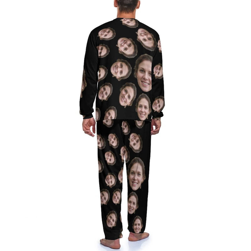 FacePajamas Pajama Custom Face Cute Black Crewneck Long Sleeve Pajama Set Personalized Photo Sleepwear Sets Nightwear for Men&Women