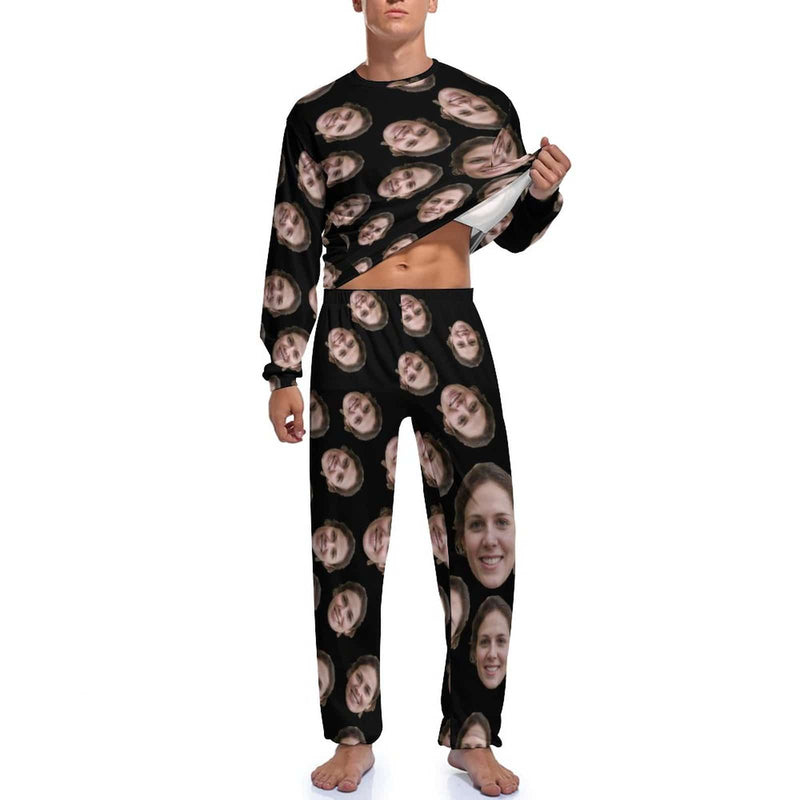FacePajamas Pajama Custom Face Cute Black Crewneck Long Sleeve Pajama Set Personalized Photo Sleepwear Sets Nightwear for Men&Women