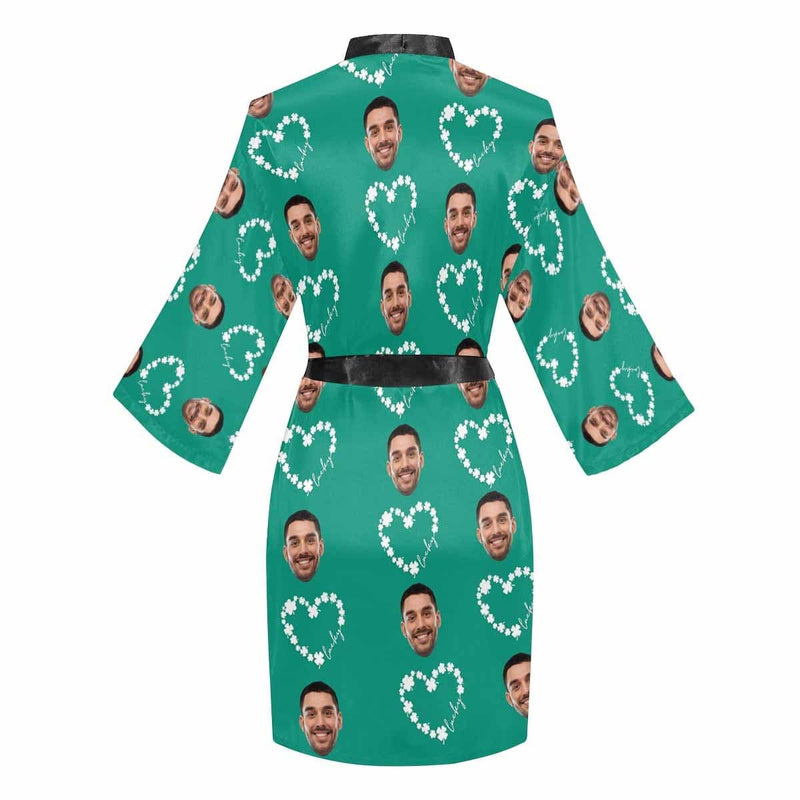FacePajamas Pajama Custom Face Green Lucky Heart Women's Short Pajama Kimono Robe