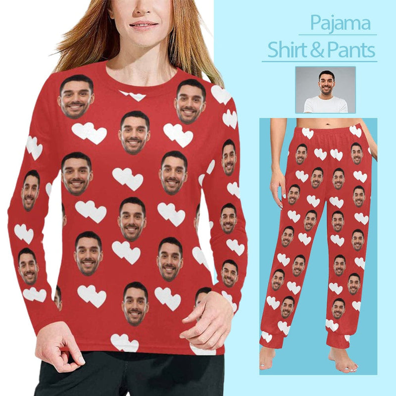 FacePajamas Pajama Shirt&Pants Custom Face Heart Red Long Pajama Shirt&Pants Personalized Women's Slumber Party Sleepwear