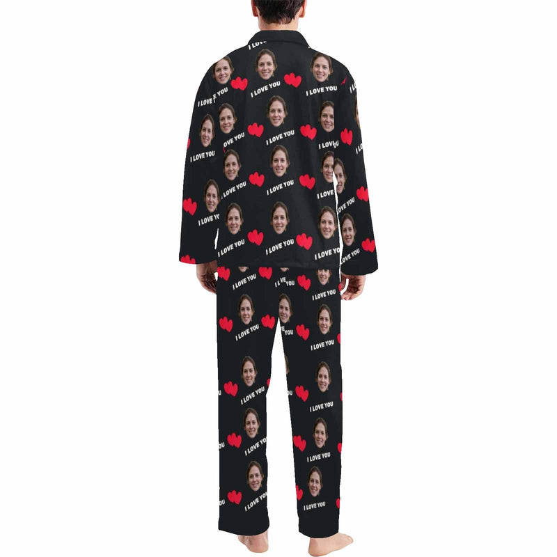 FacePajamas Pajama Custom Face I Love You Black Background Sleepwear Personalized Women's Long Pajama Set
