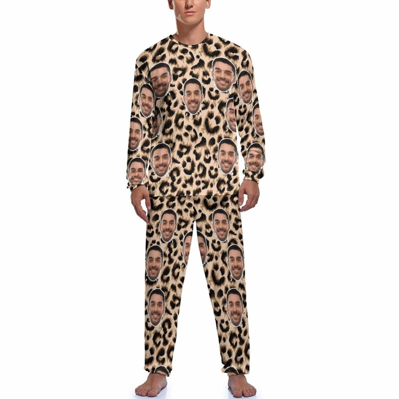 FacePajamas Pajama Custom Face Leopard Men's Pajamas Personalized Photo Sleepwear Sets Funny Nightwear for Him