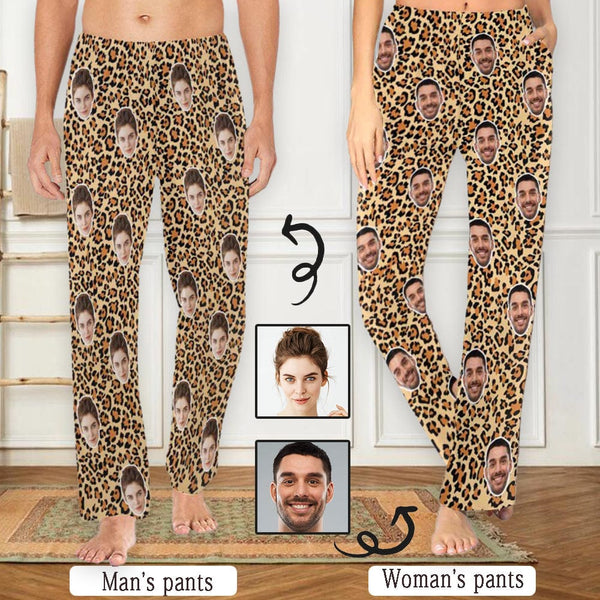 FacePajamas Pajama Shirt&Pants Custom Face Leopard Print Sleepwear Personalized Women's&Men's Slumber Party Long Pajama Pants
