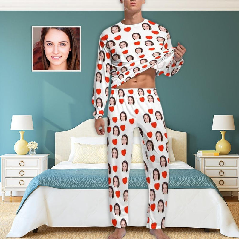 FacePajamas Pajama Custom Face Love Heart Girlfriend White Men's Pajamas Personalized Funny Nightwear Long Sleeve for Him