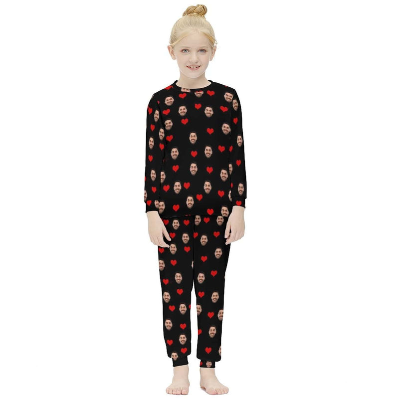 FacePajamas Pajama Custom Face Love Heart Nightwear Pjs Personalized Black Kids Long Sleeve Pajamas Set