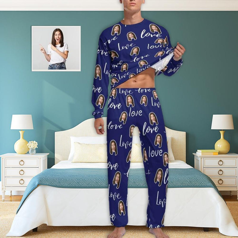 FacePajamas Pajama Custom Face Love Letters Men's Pajamas Personalized Photo Sleepwear Sets Funny Nightwear Long Sleeve for Him