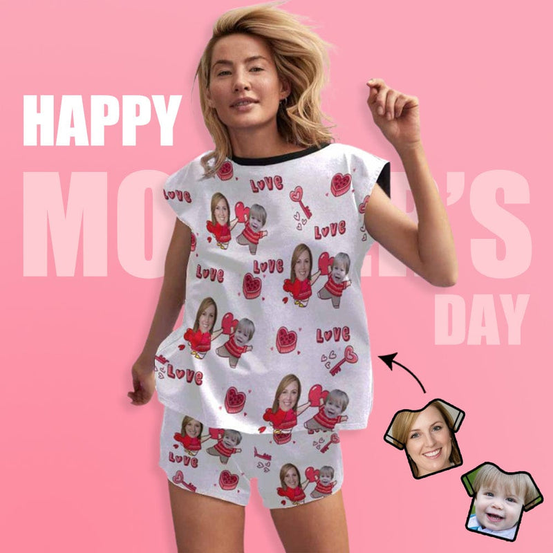FacePajamas Pajama Custom Face Love MOM & BABY Women's Short Pajama Set Mother's Day & Birthday Gift