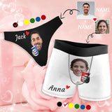 FacePajamas Mix Briefs Custom Face&Name Couple Matching Underwear I Love You Lingerie Personalized Women's Classic Thong&Men's Print Boxer Briefs