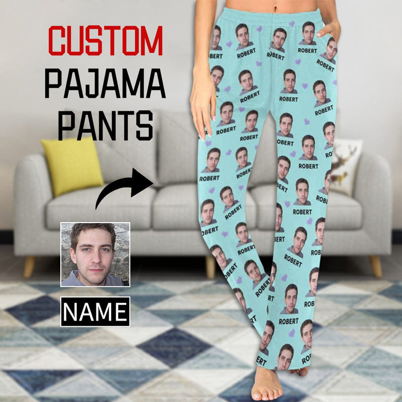 FacePajamas Pajama Pants Custom Face & Name Pajama Pants Funny Blue Sleepwear for Men