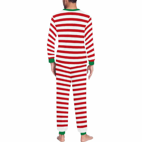 FacePajamas Pajama Custom Face & Name Red White Stripes Christmas Sleepwear Personalized Men's Slumber Party All Over Print Pajama Set