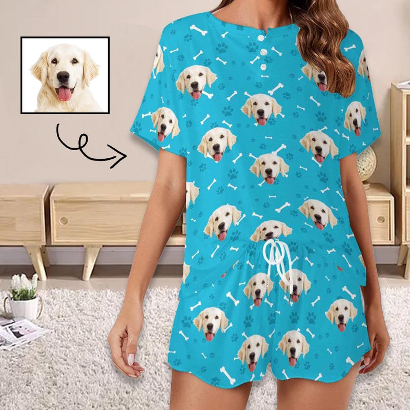 FacePajamas 379785117943 Custom Face Pajama Set Dog Smiley Face Women's Short Sleeve Loungewear