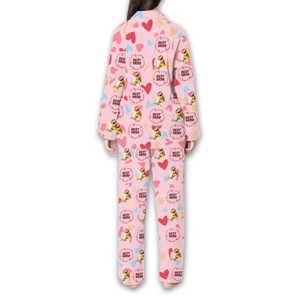 FacePajamas 387520921847 Custom Face Pajama Sets Colorful Hearts And Flowers Best Mom Women's Nightwear for Mother's Day & Birthday Gift